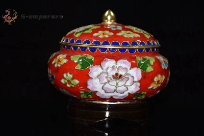 Exquisito Antiguo Chino Cobre Esmalte Pintado Flor Tarro Macetas Rojo Foto 1 de 4