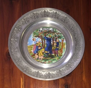 Plato de cerámica vintage “otoño otoño” con borde de peltre SKS ZINN 95% Alemania Occidental - Imagen 1 de 3