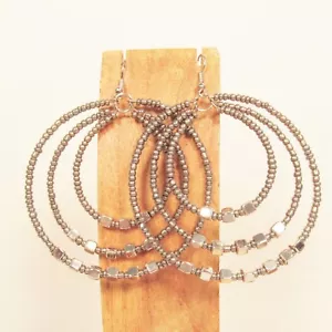 2" Silver Color Triple Hoop Bohemian Bling Handmade Bali Seed Bead Earring - Picture 1 of 4