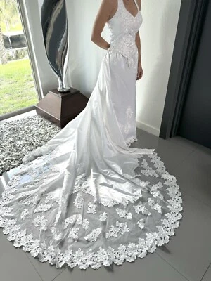 Davids Bridal Michaelangelo White Halter A-Line Wedding Dress Removable Bustle - Image 1 of 4