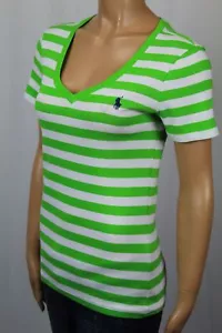 Camisa Top Ralph Lauren Verde Rayas Manga Corta Tejida Cuello en V Nueva con Etiquetas - Imagen 1 de 1