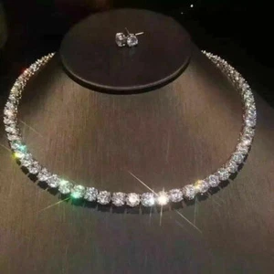 32Ct Round Cut Moissanite Tennis Women's Necklace 14K White Gold Plated - Picture 1 of 3