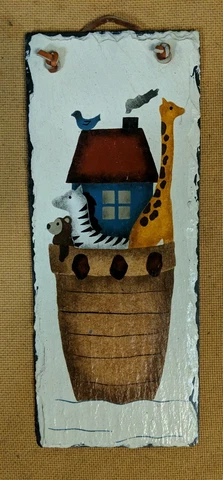 Noah's Ark Painted Slate Wall with Leather Hanging Cord 12" x 4.75" Cover