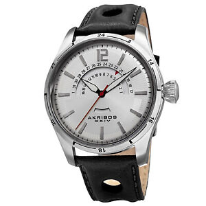 Men's Akribos XXIV AK850SS Silver-tone Retrograde Date Black Leather Strap Watch