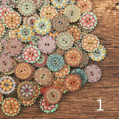 100pcs Wood Buttons Ethnic Floral Vintage Sewing Craft 2 Hole DIY 20/25mm - Image 1 of 4