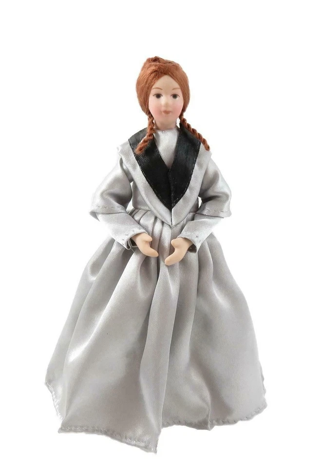 Casa Delle Bambole Donna Vittoriana In Abito Grigio Porcellana 1:12 Persone - Immagine 1 di 4
