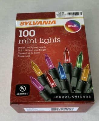 Sylvania Christmas Mini Lights 100 Indoor/Outdoor Multi Color GREEN WIRE New - Image 1 of 4