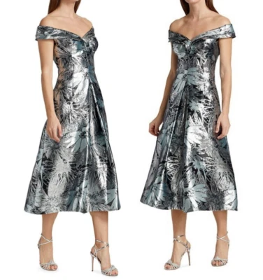 Vestido TERI JON RICKY FREEMAN Negro Plata Metálico Jacquard Hombro Descubierto 16 = XL Foto 1 de 4