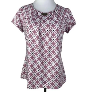 Notations Pleated Floral Blouse Women's Small Pink White Silver Bar Embellished - Picture 1 of 8