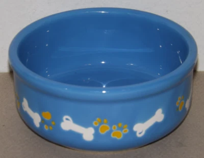 Redondo azul cerámica mascota perro agua comida plato tazón amarillo patas huellas hueso blanco ~K Foto 1 de 4