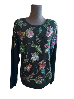 90 Suéter de Malha Vintage Gladys Bagley Feminino Pequeno Floral Lantejoulas Frisado Férias - Imagem 1 de 4