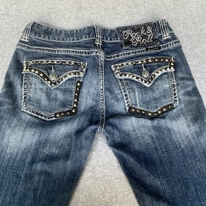 Rock & Roll Cowgirl ~ Low rise 30x34 Boot Cut Bling Embellished Denim Blue Jeans - Picture 1 of 17