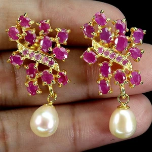 Black Friday 925 Silver Earrings Oval Ruby 4x3mm Pearl Natural Gemstone Jewelry - Picture 1 of 14