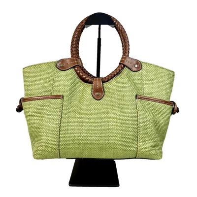 Fossil Handbag Tote Satchel Top Handle Purse Brown Leather & Green Woven Mesh - Image 1 of 4