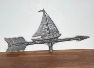 Vintage Metal Sailboat Weathervane Top Silver Sloop Sailing Nautical Marina - Picture 1 of 9