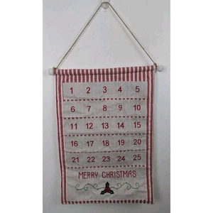 Advent Calendar Merry Christmas Cloth Red Stripes Sparkly Cream Ivory 25 Pockets - Picture 1 of 4
