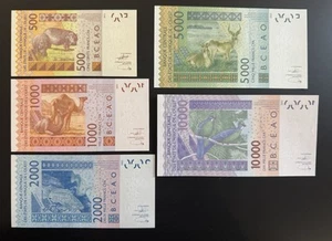 West African Full set 5 pcs 500 1000 2000 5000 10000 Francs 2003 - 2012 UNC - Picture 1 of 2