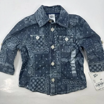 Size 3M Baby B’gosh Blue Denim Button Up Shirt Paisley Bandana Print Oshkosh NWT - Image 1 of 4