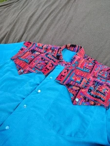 Vintage Aztec Pearl Snap Shirt Romper Mens XL Teal Blue Hand Sewn Fleece Western - Picture 1 of 9
