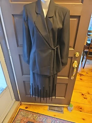 Traje Falda Vintage Nubiano Negro, Flecos y Cuentas Adornado, Cierre de Corbata, Talla 10 Foto 1 de 4