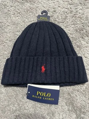 Polo Ralph Lauren Gorro Tejido Mezcla Lana Puño Acanalado Azul Marino Rojo Nuevo con Etiquetas Foto 1 de 4