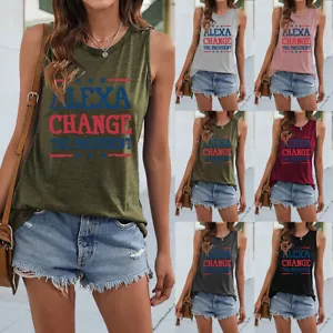 Women Round Neck Sleeveless Print Sleeveless Tank Tops Ladies Summer Blouses Tee - Picture 1 of 20