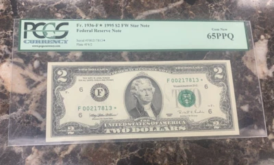 (2)1995 $2 Federal Reserve STAR Notes~ PCGS 64 & 65PPQ Fr. 1936-F*~ Consecutive - Image 1 of 4