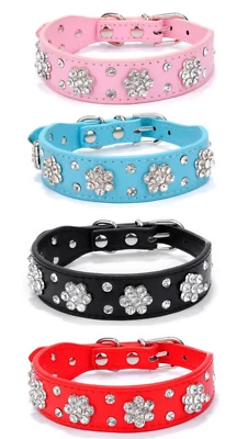 Dog Collar Rhinestone Bling Flower Adjustable Pink Black Blue Red XS S M L - Image 1 of 4