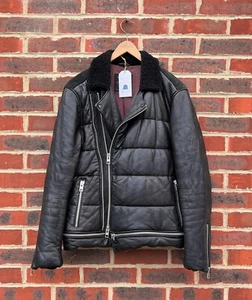 All Saints Mens Padded Alloy Leather Biker Jacket Medium Puffer Puffa - Picture 1 of 11