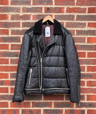All Saints Mens Padded Alloy Leather Biker Jacket Medium Puffer Puffa - Image 1 of 4