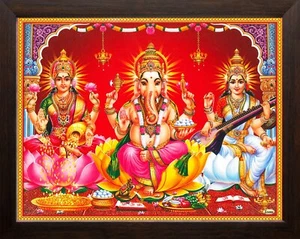 MDF Board Photo Frame of Ganesha Mata Lakshmi with Devi Saraswati, Multicolor US - Picture 1 of 3