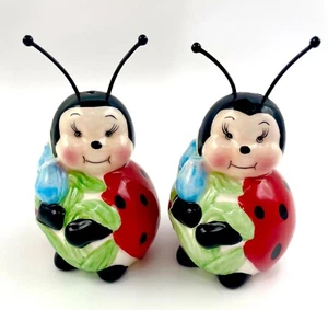 burton+BURTON Handpainted Pink-Cheek Ladybug w Blue Tulips Salt & Pepper Shakers - Picture 1 of 10