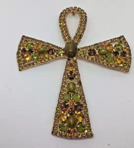 Jeweled Cross Alice Caviness Signed Olive Topaz Amber - Picture 1 of 17