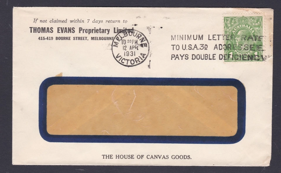 1931 KING GEORGE V 1d PRE-DECIMAL STAMP RHOMAS EVANS W/F COMMERCIAL COVER #B134 - Image 1 of 1