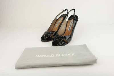 Sandalias Manolo Blahnik con cordones negras charol perforado talla 38,5 peep toe pump Foto 1 de 4