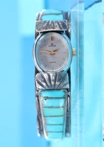 VTG Women's Fred Weekoty Zuni Sterling Silver & Turquoise Watch / Cuff Bracelet - Picture 1 of 11