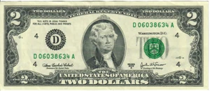 2003A 2$ Federal Reserve Note - Green Seal - AEC/JWSo D06038634A - #13691 - Picture 1 of 2