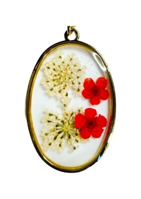 Pressed Red And White Flowers Pendant Gold Necklace - Floral Jewelry - Image 1 of 3