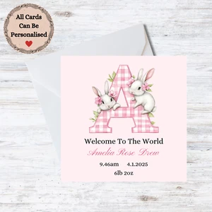 Personalised Baby Girl Birth Card - Rabbits Customisable Name Date Weight & Time - Picture 1 of 1