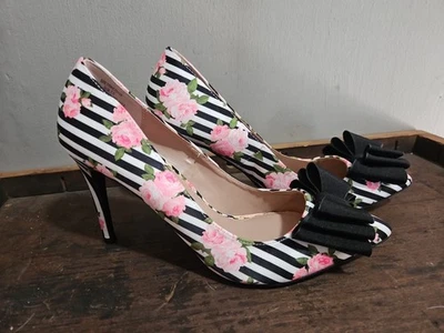 Betsey Johnson Bow Women's High Heels Size 7.5 Floral Striped Stilleto - Image 1 of 4