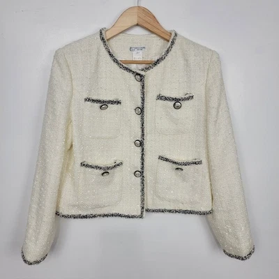 Grace Chuang Tweed Jacket Blazer Womens L Ivory Career Busines STAINS READ! - Image 1 of 4