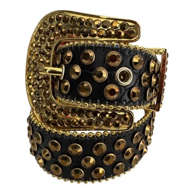 Studded Western Rhinestone Belt Black Strap Gold Rhinestones Unisex XL 37"- 44" - Image 1 of 4