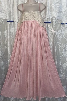 VTG NWT RARE L XL Tall Carnation Pink PLEATED NYLON Nightgown Ivory Lace Bodice - Image 1 of 4