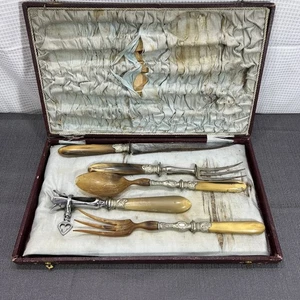 Antiker französischer versilberter & Horn Servierlöffel, Gabel, Messer, Lammkeule Set - Bild 1 von 20