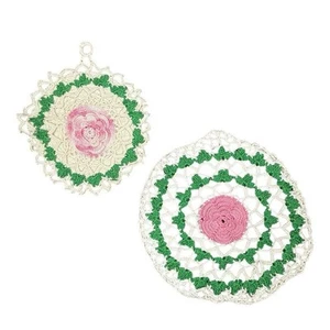 vintage handmade crochet Rose doilies set floral pink green Grandmacore Cottage - Picture 1 of 5