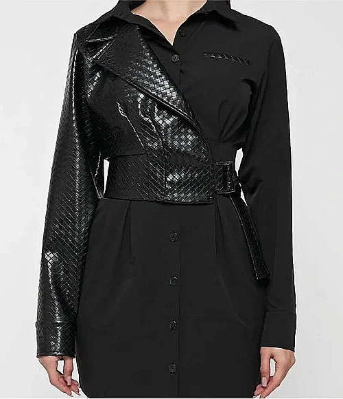 Maniere De Voir Black Woven Vegan  Leather Overlay Shirt Dress Size 2 NWT - Image 1 of 4