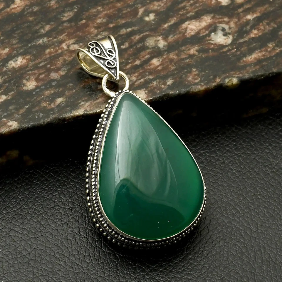 Colgante de piedras preciosas de ónix verde étnico hecho a mano diseño antiguo joyería 2,4" AP-19650 Foto 1 de 1