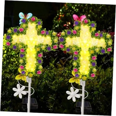  Solar Flowers Cross Garden Stake Lights, Yard Solar 2 Pack Flowered Cross - Image 1 of 4