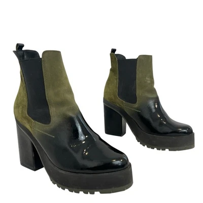 Miista 41 Yolanda 厚底切尔西靴橄榄绿色麂皮绒黑色漆皮 — 第 1/4 张图片
