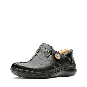 Clarks Unstructured Un Loop Wide E Fit Black Leather Womens Slip On Comfort Shoe - Picture 1 of 7